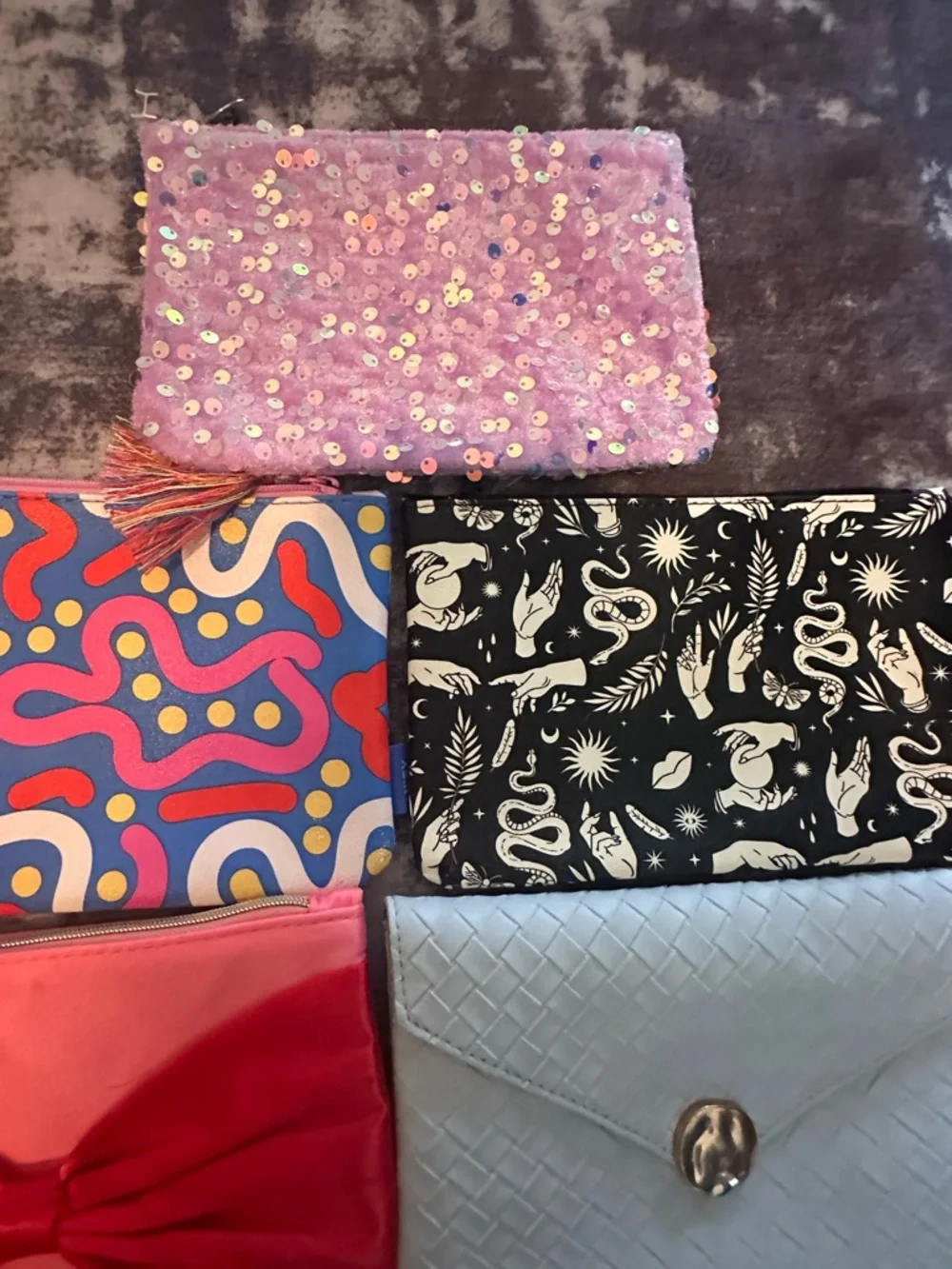 Set of 7 Assorted Makeup Pouches - Pink, Black, Red, Silver, Tan, Blue, White